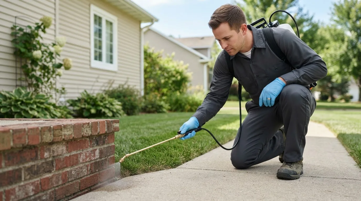 Pest control technician treating a home near Okeene, OK