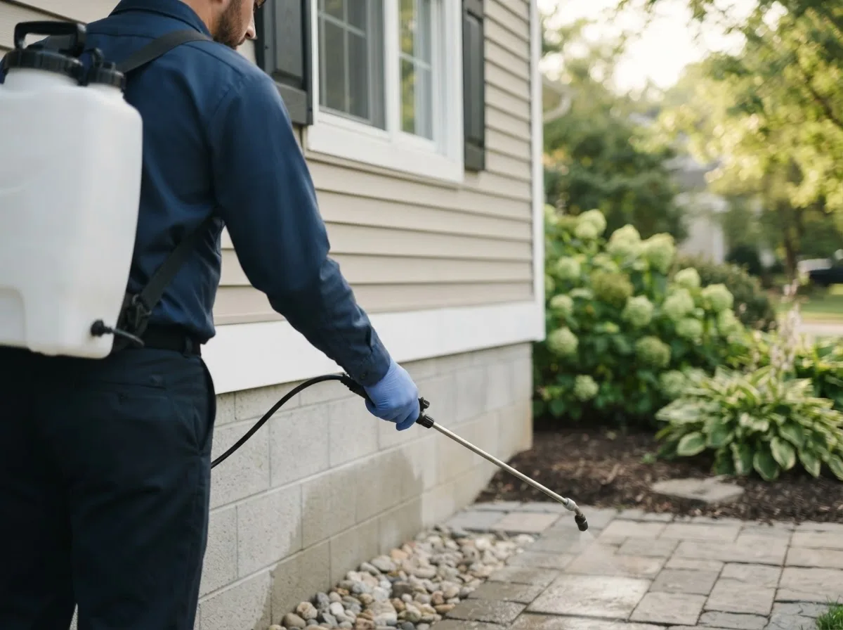 Pest control technician inspecting a home in Okeene, OK